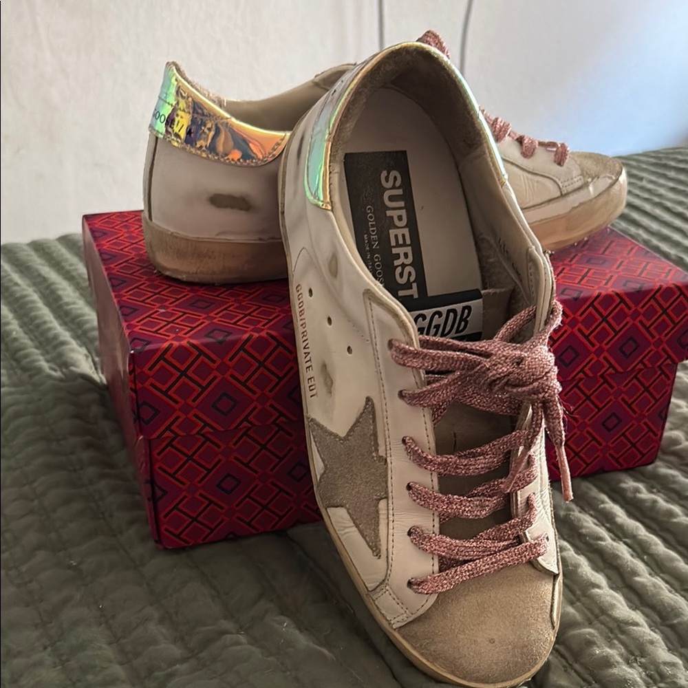 Golden Goose White and Pink Distressed Sneakers